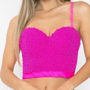 Fuchsia Pearl BeadedPush Up Bustier Bra CropTop